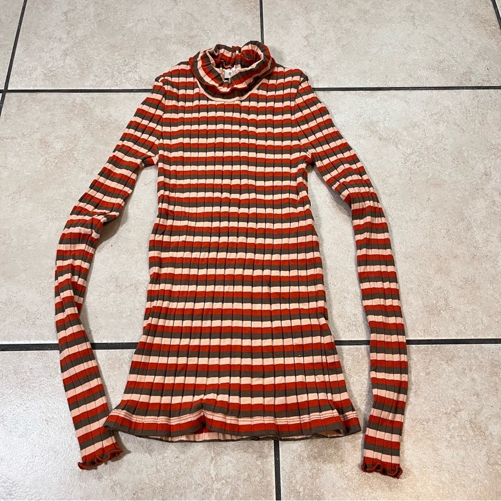 Madewell Ruffle Neck Top Orange Brown Sz‎ XXS Long Sleeve Mock Neck Fitted Retro
